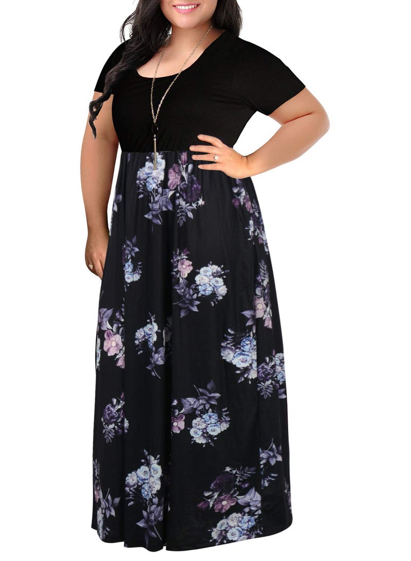 Nemidor Plus Size Maxi Dresses for Curvy Women Casual Summer Short Sleeve Chevron Print Long Dress with Pocket 14-26(155,22,PurplePrint) - Image 1